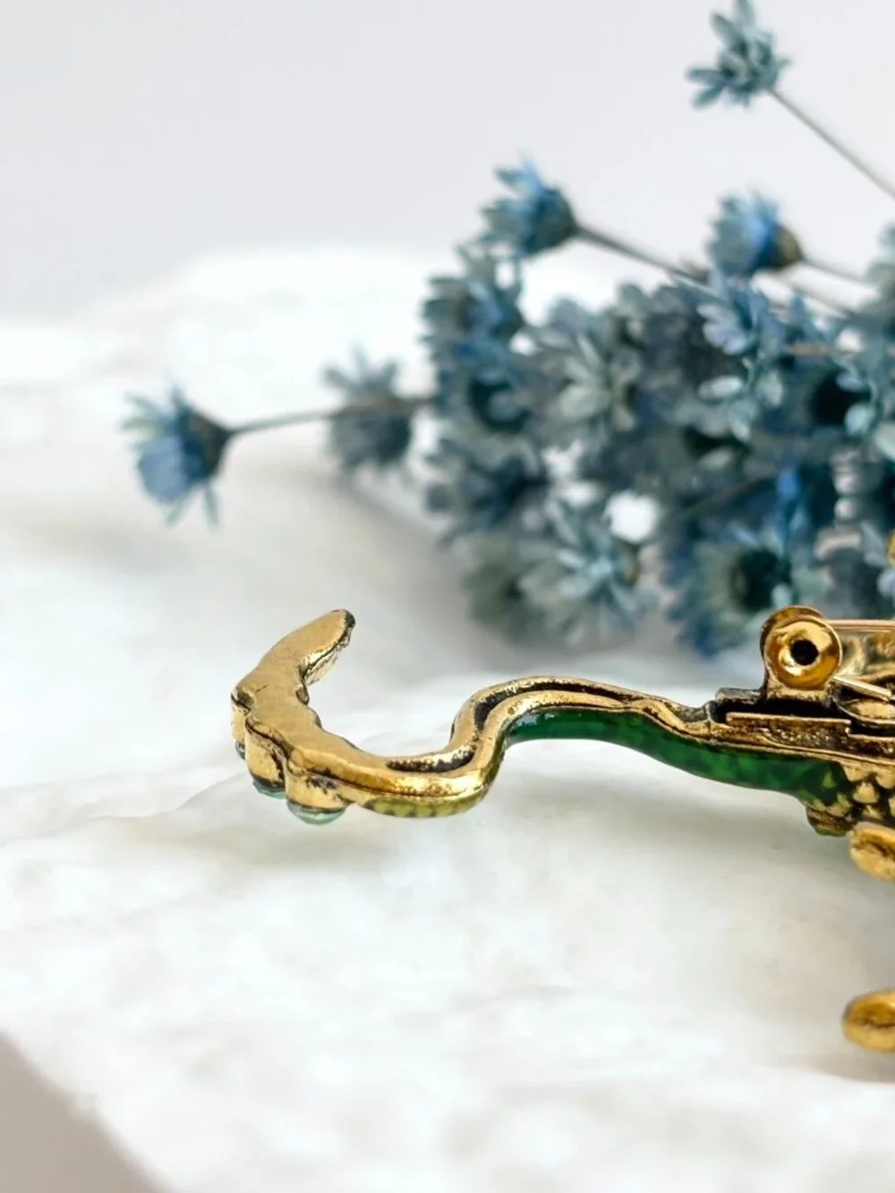 Dragon Figural Green Enameled Rhinestone Accented Gold Toned Brooch Pin